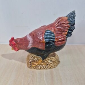 Noble Excellence Chicken Scratch Lidded Trinket Box Rooster Hens Earthenware
